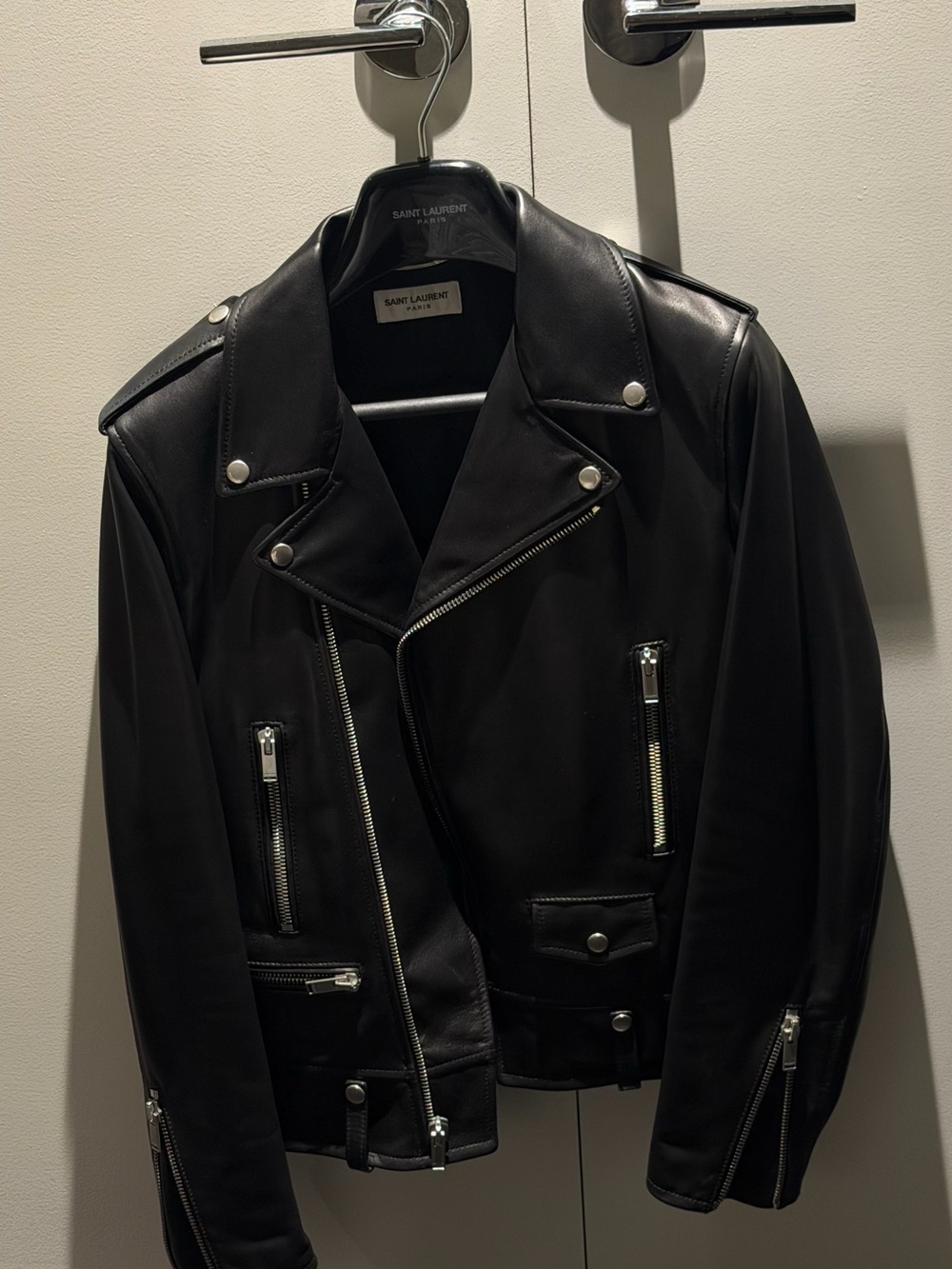 Saint Laurent Black Leather Moto Jacket with Silver Hardware